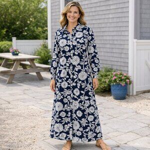 LOFT Shirt Dress Long Sleeve Women Large Navy Blue Floral Nautical Coastal Party